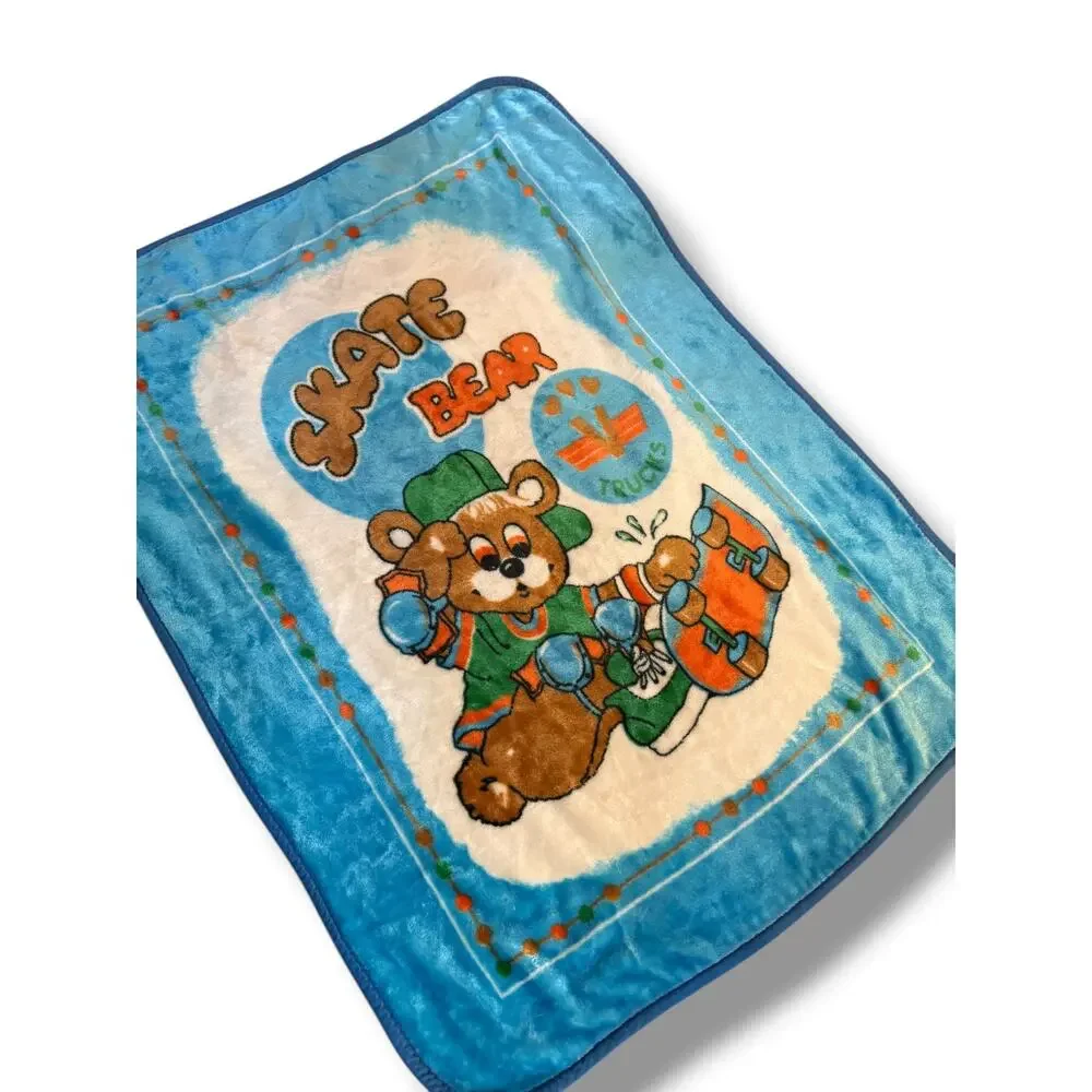 VTG Novatex Skate Bear Rare Minky Plush Blanket Teal Skateboarding Soft VHTF
